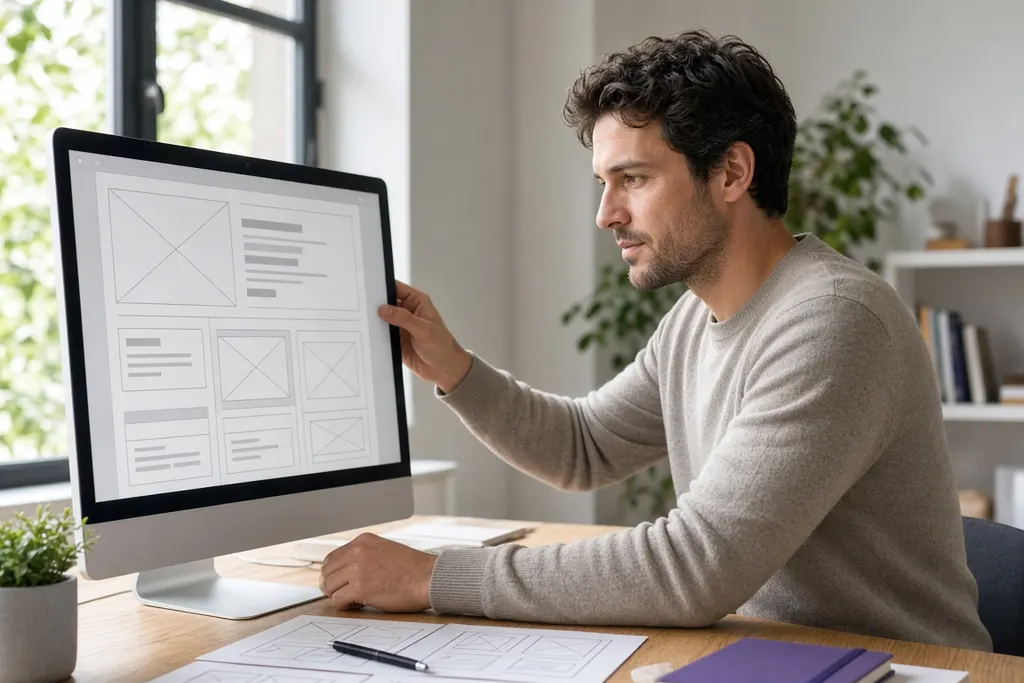 Ekranda web sitesi taslağı düzenleyen web tasarımcı