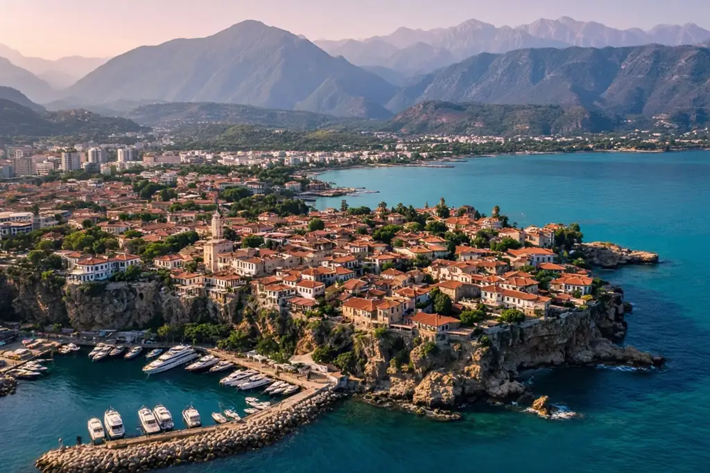 Muratpaşa’daki Kaleiçi limanı ve Antalya şehir merkezinin havadan görünümü