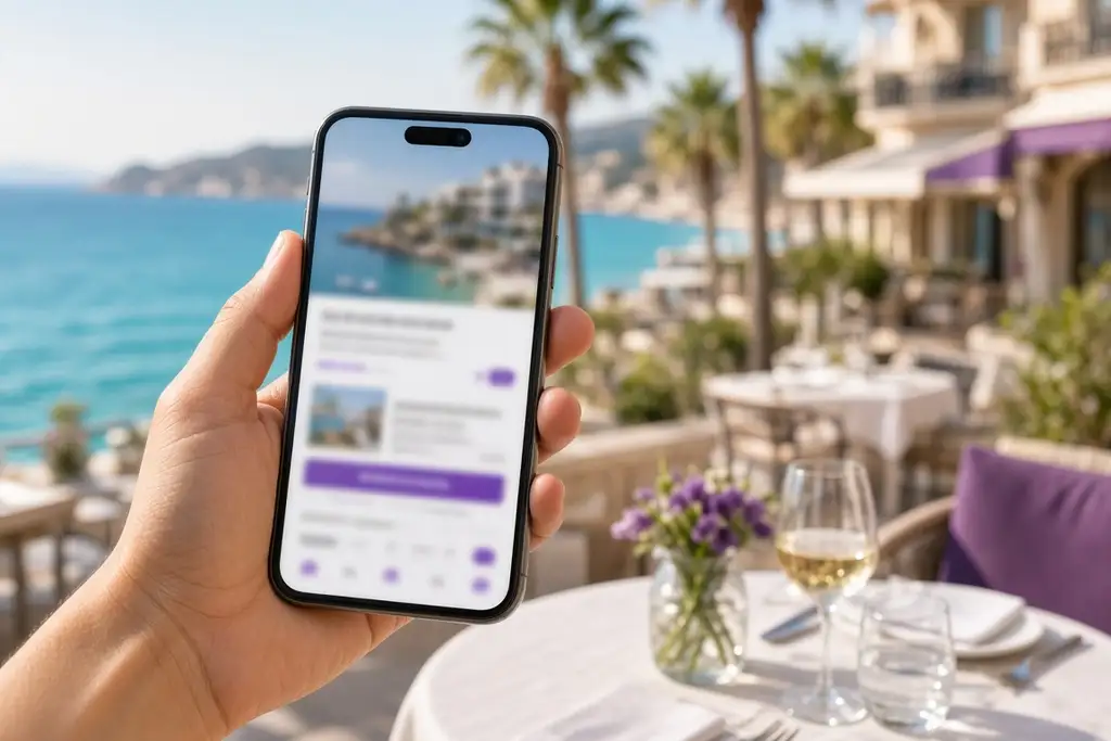 Deniz manzaralı otel terasında telefonda rezervasyon sitesine bakan misafir