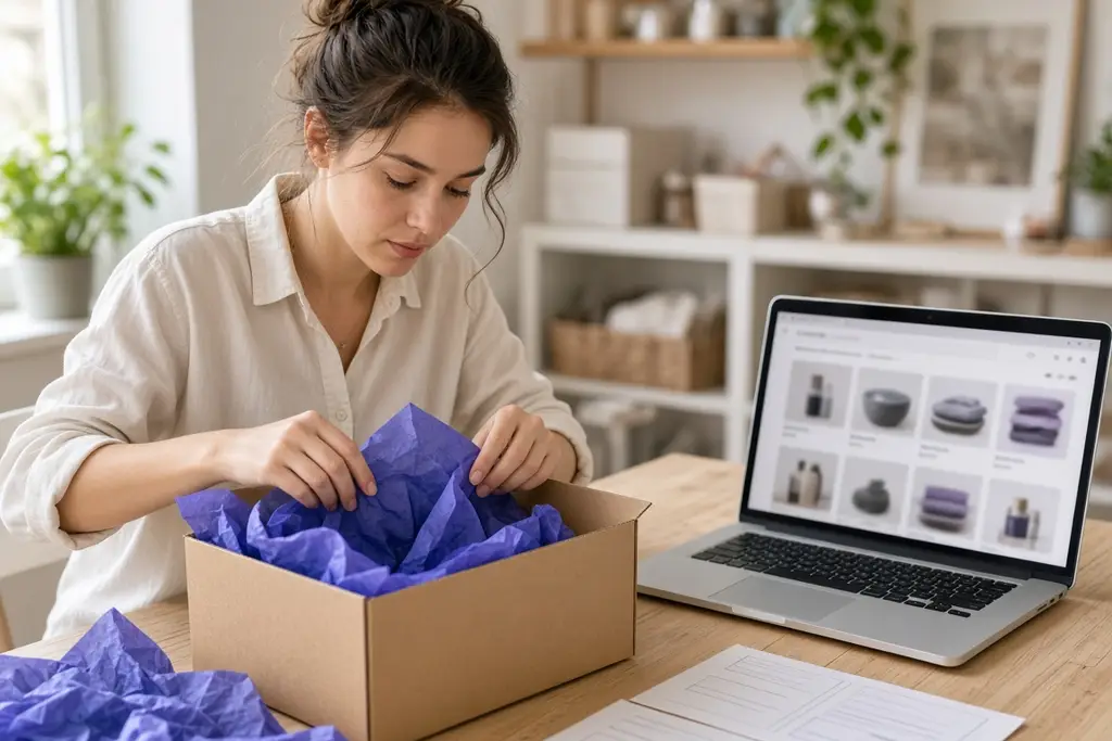 Online mağaza siparişini kargo kutusuna hazırlayan işletme sahibi
