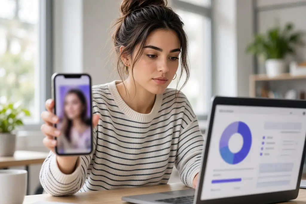 Telefonda reklam görselini, dizüstünde bütçe dağılımını inceleyen pazarlama uzmanı