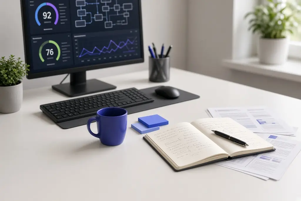 Site hızı ölçümleri açık monitör ve içerik notları alınmış defter