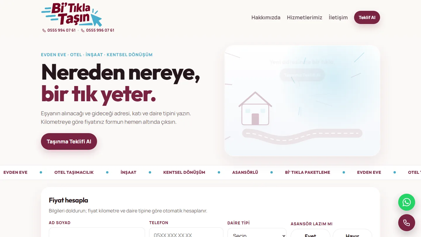 Bi’ Tıkla Taşın için hazırlanan nakliyat ve lojistik web projesi
